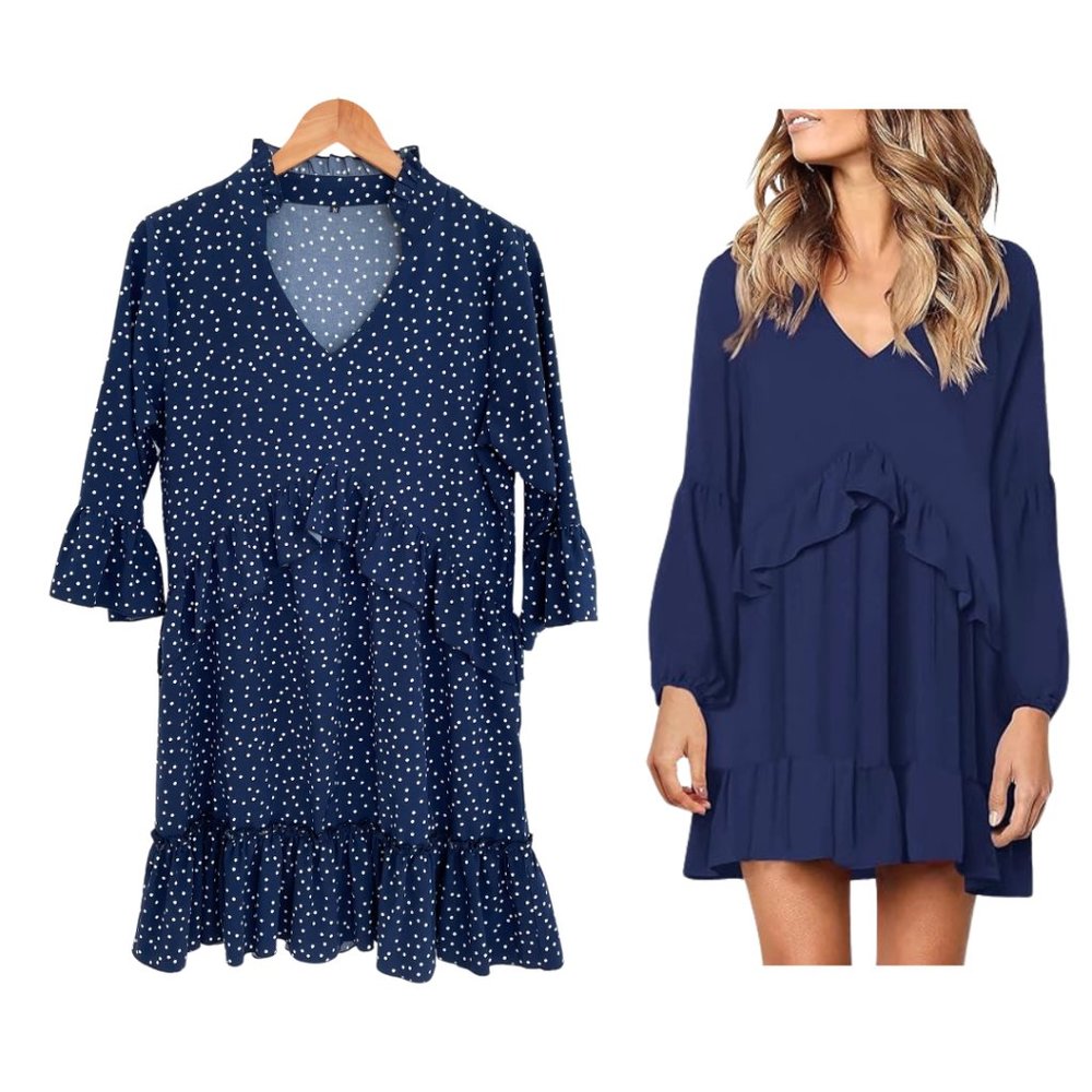Ruffled Dress Women Medium Polka Dot Navy Blue White V-Neck Tiered Mitilly